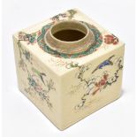 A Japanese Satsuma tea caddy of square form, decorated in enamels with floral sprays, height 8cm,