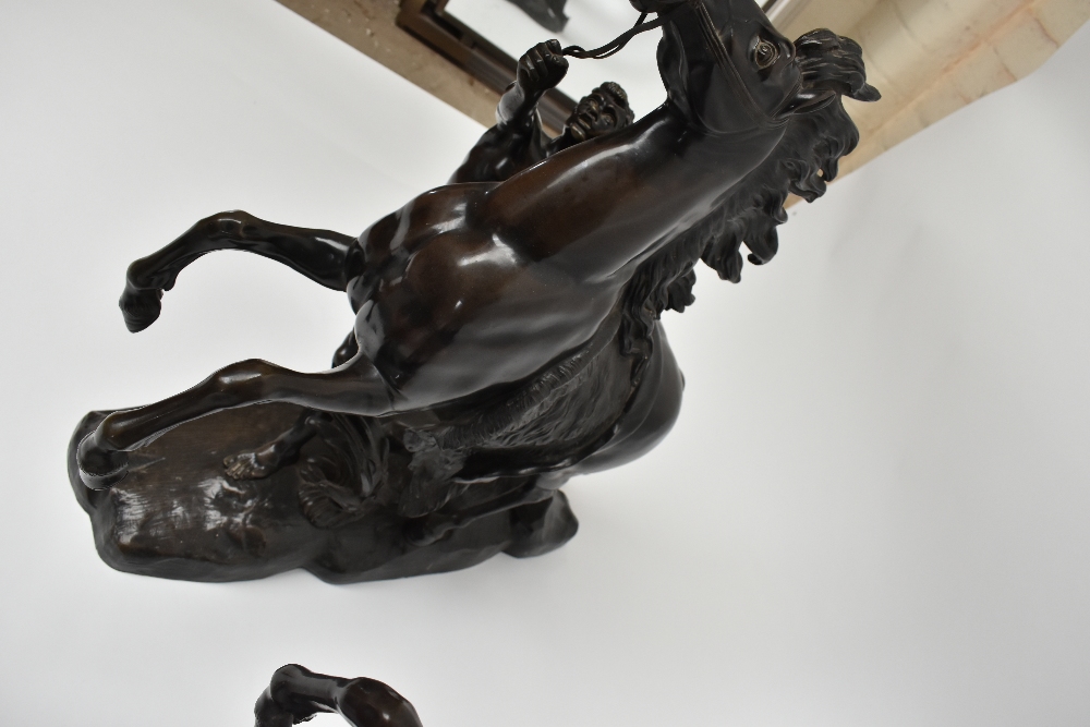 AFTER GUILLAUME COUSTOU; a very large pair of late 19th century bronze Marly horses, each bearing - Image 4 of 7