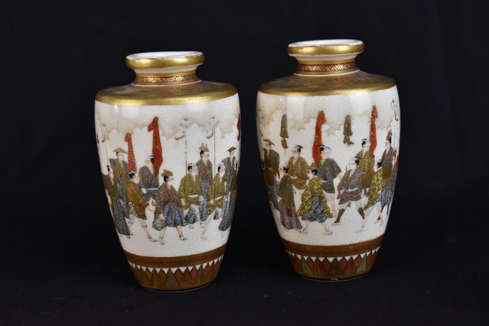 SETSUZAN; a pair of Japanese Satsuma small vases, each painted with a continuous band of figures, - Image 3 of 21