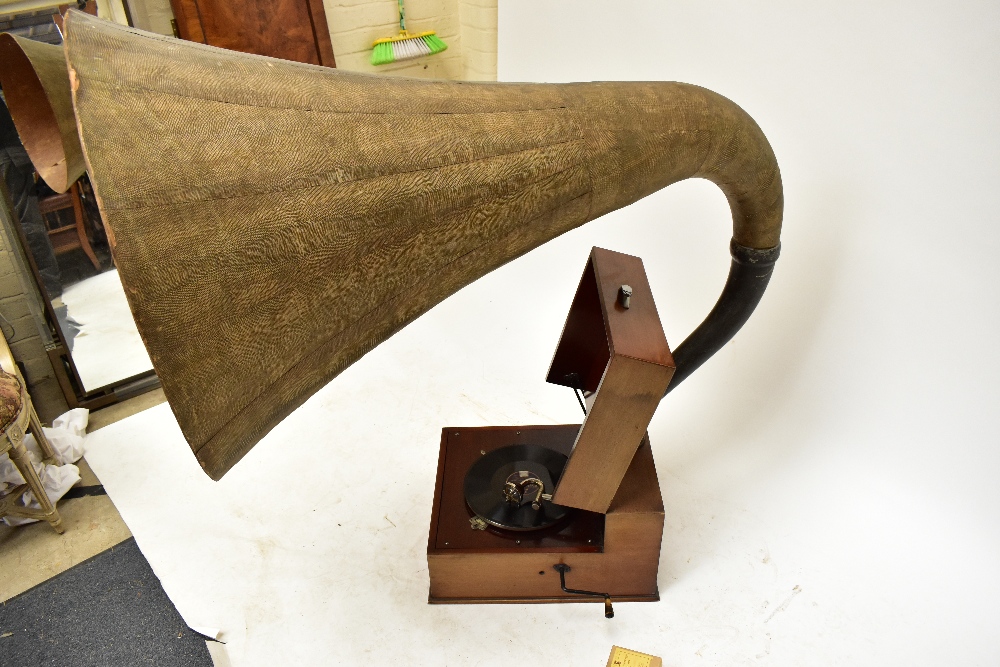 EMG; a Mk. X mahogany cased clockwork gramophone with huge later Xb papier-mâché horn, the arm - Image 6 of 10