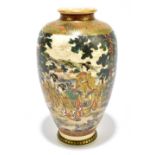 A Japanese Meiji period Satsuma ovoid vase decorated with figures in a continuous landscape,