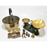 A brass jam pan, diameter 30.3cm and two sets of scales with various weights.Additional