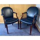 A set of ten reproduction mahogany and blue leather upholstered chairs comprising six elbow chairs