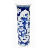 A late 19th century Chinese blue and white sleeve vase decorated with objects inside prunus