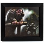 PETER HOWSON OBE (Scottish, born 1958); oil on canvas, study of man with dog, signed, 30.5 x 35.5cm,