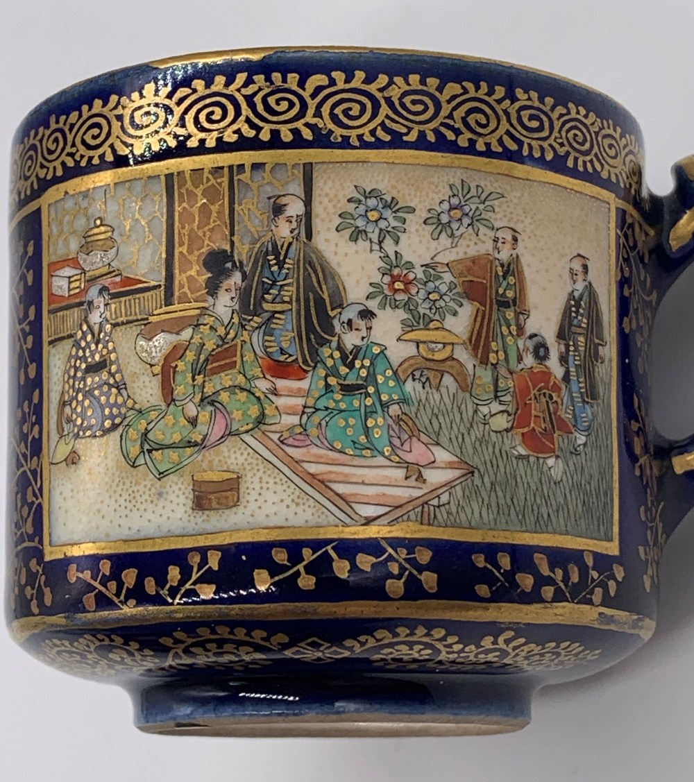 KINKOZAN; a Japanese Meiji period Satsuma cup and saucer decorated with panels of seated figures - Image 11 of 15