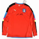 GIANLUIGI BUFFON; an Italy Puma red long sleeved goalkeeper's shirt, signed to front, size L.