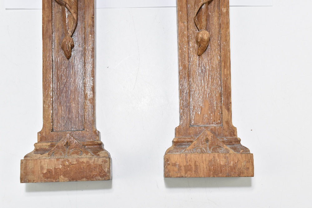 Two late 19th/early 20th century stained oak furniture sections with moulded cornices above lion - Image 3 of 5