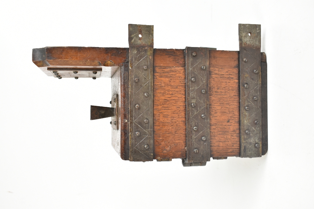 JUDAICA; a late 19th/early 20th century Tzedakah (charity) box, the oak body with iron frame and - Image 4 of 7