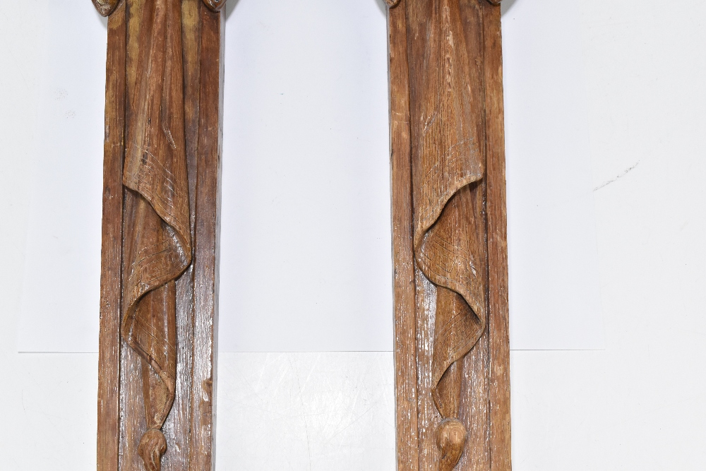 Two late 19th/early 20th century stained oak furniture sections with moulded cornices above lion - Image 4 of 5