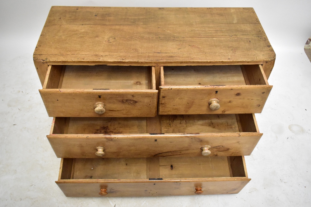 An old pine chest of two short over two long drawers, raised on plinth base, length 102, depth 41cm, - Image 3 of 5