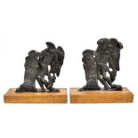 Two 19th century cast lead sculptures depicting a scantily clad figure beside post, raised on