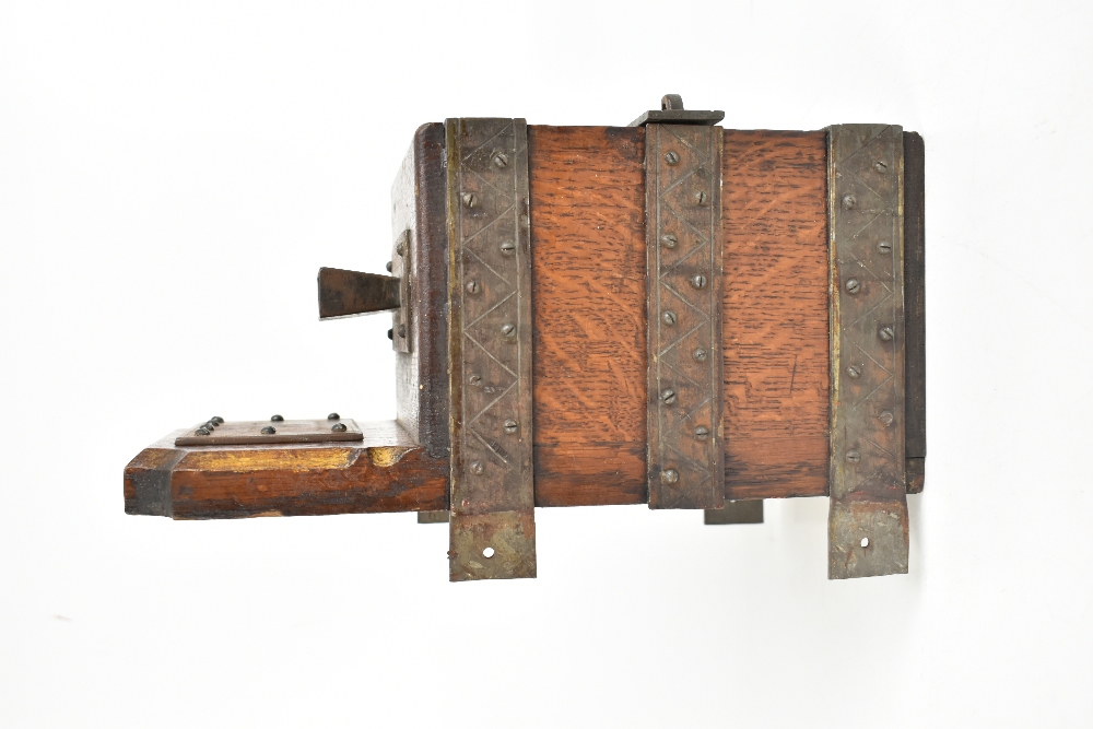 JUDAICA; a late 19th/early 20th century Tzedakah (charity) box, the oak body with iron frame and - Image 6 of 7