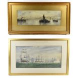 IRWIN JOHN DAVID BEVAN (1852-1940); watercolour, expansive Naval engagement, signed, 30 x 61.5cm,