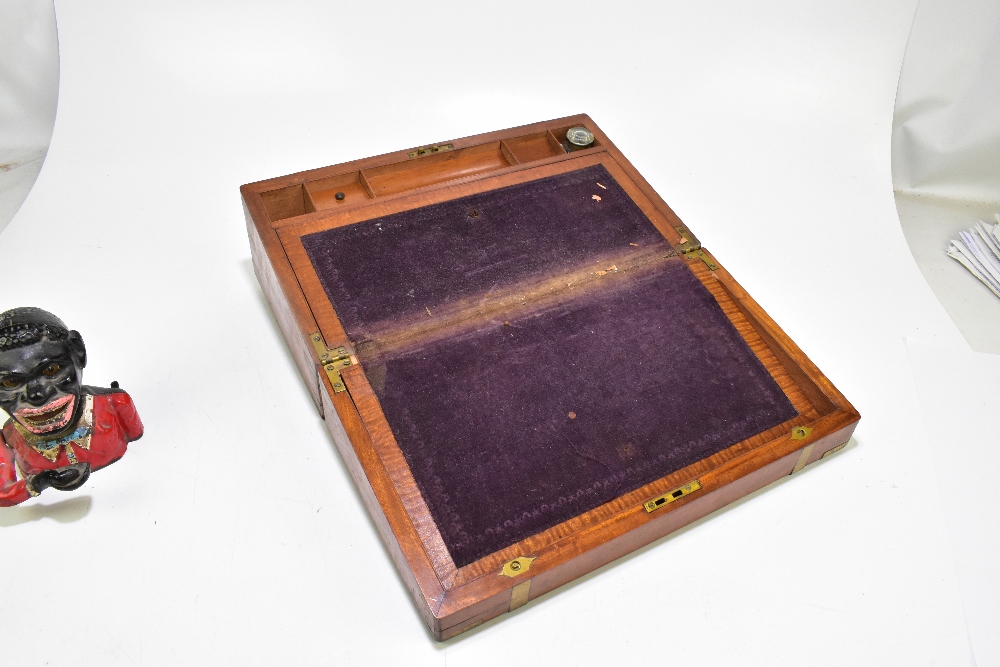 A 19th century mahogany brass bound writing slope, length 44.5cm, together with an iron money - Image 3 of 5