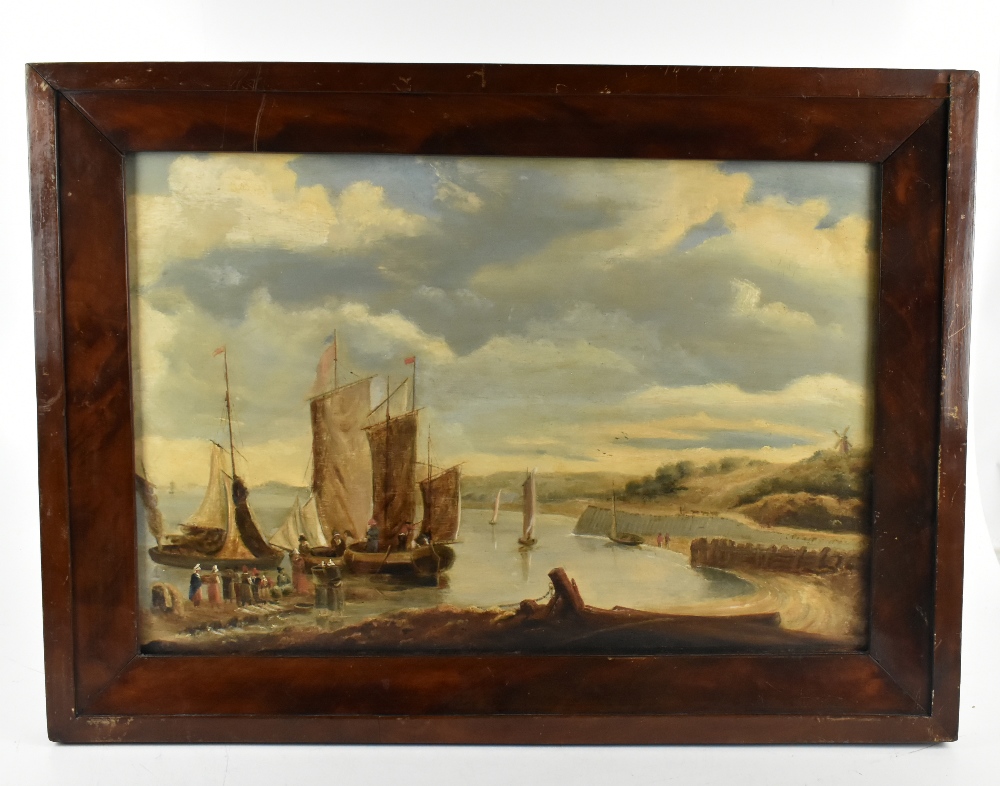 19TH CENTURY CONTINENTAL SCHOOL; oil on panel, figures beside sailing vessels in harbour scene,