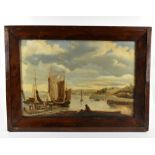 19TH CENTURY CONTINENTAL SCHOOL; oil on panel, figures beside sailing vessels in harbour scene,