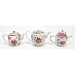 Three 18th century Chinese Famille Rose porcelain teapots, the largest example with floral sprays