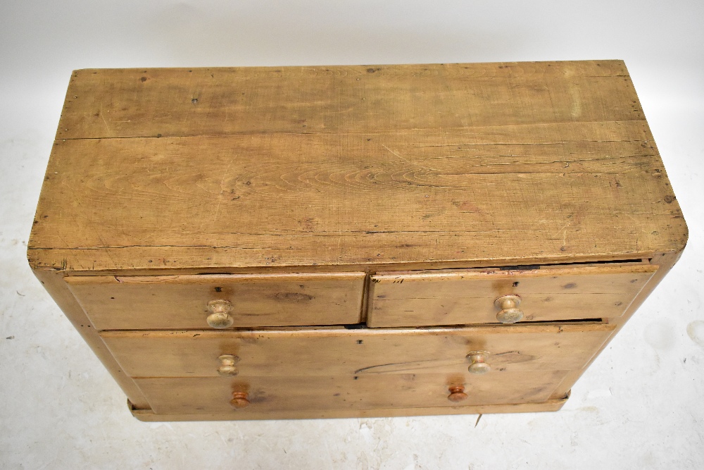 An old pine chest of two short over two long drawers, raised on plinth base, length 102, depth 41cm, - Image 2 of 5