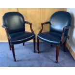 A set of twelve reproduction mahogany and blue leather upholstered elbow chairs, each with padded