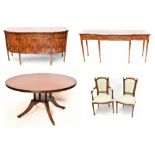 An extensive suite of reproduction yew wood furniture comprising dining table, height 76cm, diameter