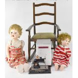 Various vintage toys to include two dolls, a rocking chair,