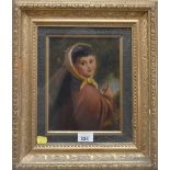 19th CENTURY ENGLISH SCHOOL: oil on canvas, portrait of a young girl holding a red flower,