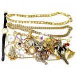 A quantity of mixed costume jewellery to include a flat curb necklace, watches, brooches, bracelets,