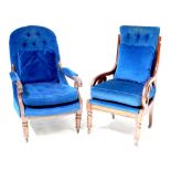 Two Victorian non-matching mahogany armchairs, one curved top rail to outswept padded arms,