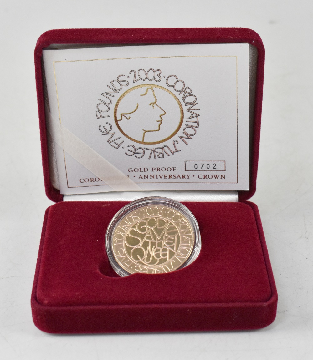 A gold 2003 '50th Anniversary' £5 crown, 22ct, limited edition no.702/2750.