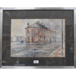 BRIAN R ENTWISTLE; watercolour, Liverpool street scene of terraced houses and figures in the rain,