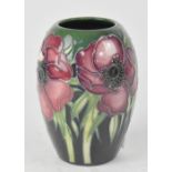 Moorcroft; a tube lined 'Anemone' pattern baluster vase, green and midnight blue ground,