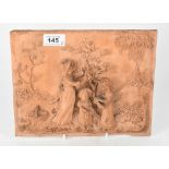 A square terracotta panel with relief figures of children picking apples in orchard, unsigned,