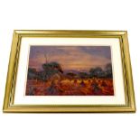 J TAYLOR (British 20th century); acrylic on canvas, field of haystacks at sunset, signed, 29 x 39.