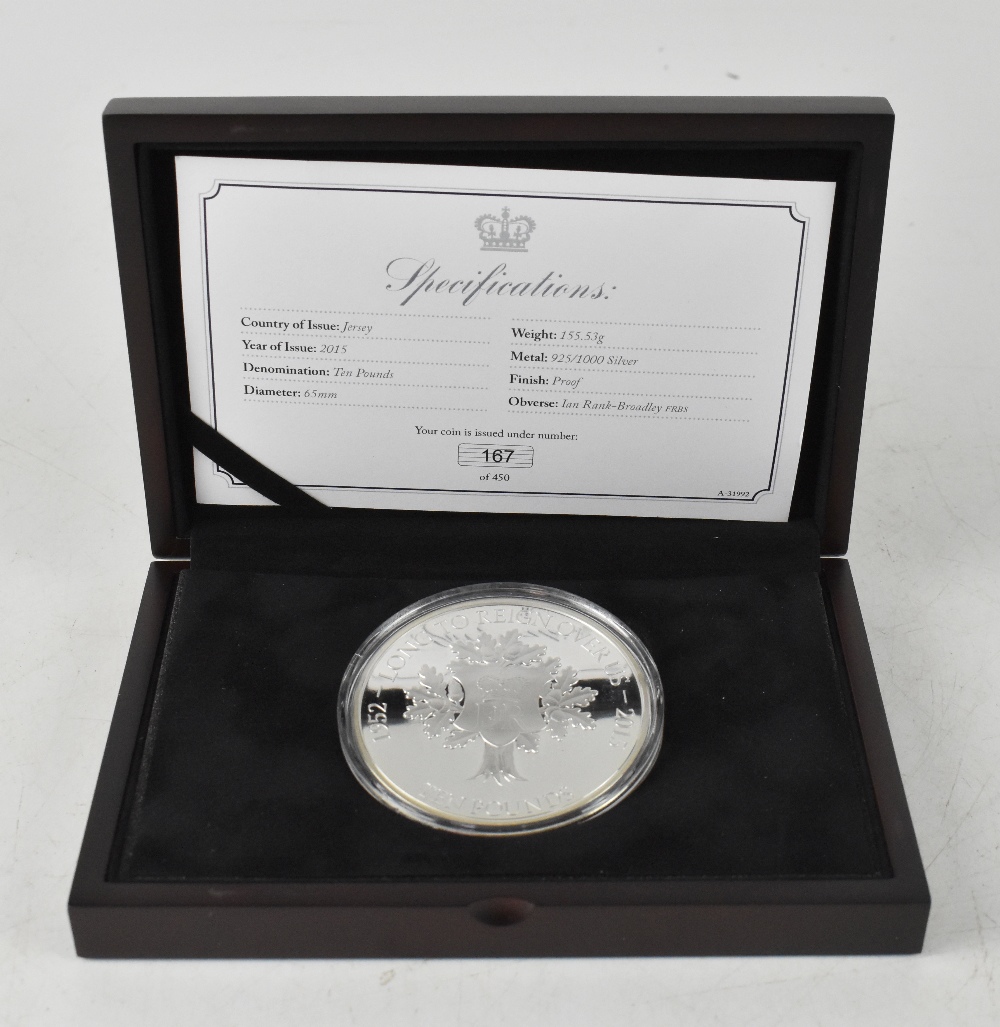 A 2015 'Longest Reigning Monarch' Jersey issue, 5oz, £10 silver coin, proof limited edition no.