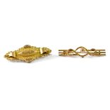 A 19th century 9ct gold mourning brooch and a 15ct gold ball and knot three-bar brooch, approx 6.