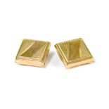A pair of gentlemen's hallmarked 9ct gold square cufflinks with two prong clips to the backs,
