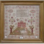 A 19th century sampler of a three-storey Georgian house within grounds with trees, cattle and flora,