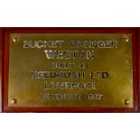 A brass ship sign 'Bucket Dredger Western built by Needrush Ltd Liverpool December 1987',