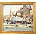 JH DRINKWATER; oil on board, study of a large vessel with tug boats in the Mersey,