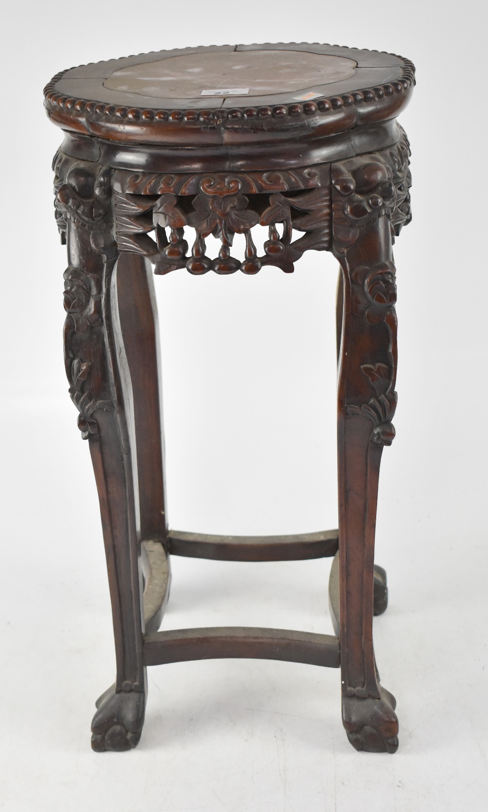 A late 19th century Chinese hardwood small urn stand with pink marble insert top, - Image 4 of 4
