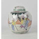 A 19th century Chinese Famille Verte covered ginger jar painted with wise men in a garden landscape,