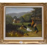 20TH CENTURY CONTINENTAL SCHOOL; oil on canvas, country scene with village pond, ducks,