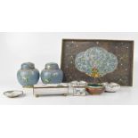 A collection of Chinese cloisonné pieces to include a black and turquoise ground tray with circle