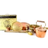 A quantity of mixed metalware to include a large brass jam pan, copper bed warmer,