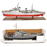 Two scratch built model Royal Naval ships, 'HMS Birmingham' displayed on an oak rectangular plinth,