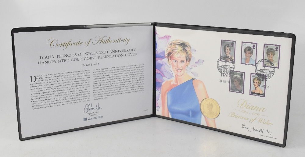 A 'Princess Diana' 20th anniversary (1961-1997) hand painted gold £5 coin presentation cover,