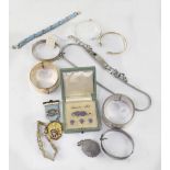 Various items of costume jewellery to include silver bangles, necklaces, Masonic jewel, buttons,