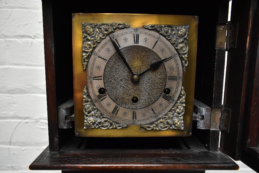 An early 20th century oak cased longcase clock of small proportions, the brass face with applied - Image 3 of 5