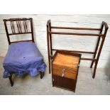 An Edwardian inlaid mahogany towel rail, together with a Georgian bar back dining chair raised on